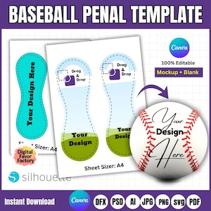 May include: A printable template for a baseball-themed pencil pouch. The template includes two designs, one with a green and blue color scheme and the other with a green and white color scheme. The template is designed to be used with Canva and includes instructions for dragging and dropping images onto the template. The template is sized for A4 paper.