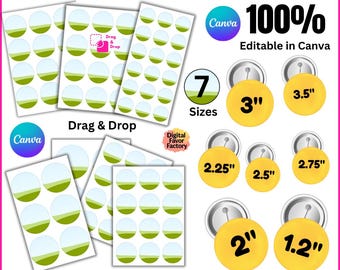 Pacchetto di modelli di spille con bottone modificabili, cornice Canva, sublimazione, 2, 3,5, 1,75, 1,25, 24, 2,25 pollici, etichetta circolare personalizzata, spilla vuota, pulsante SVG