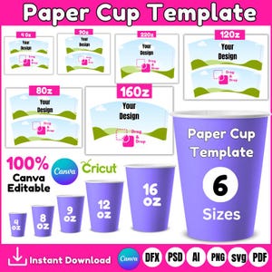 6 modèle d'emballage de gobelet en papier, modèle de tasse à café en papier, maquette d'emballage de gobelet en papier, emballage de gobelet en papier SVG, étiquette de gobelet en papier, modèles de fête