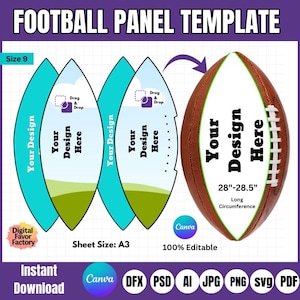 Puede incluir: Una plantilla imprimible para un panel de fútbol de tamaño 9. La plantilla está dividida en tres secciones, cada una con el texto "Tu diseño aquí". La plantilla está diseñada para ser utilizada con Canva y es 100% editable. La plantilla también está disponible en los formatos DFX, PSD, AI, JPG, PNG, SVG y PDF.