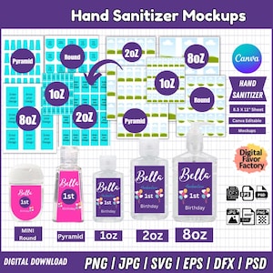 5 Hand Sanitizer Label Bundle, Hand Sanitizer Vorlagen, Mini Hand Sanitizer Label, Hand Sanitizer leere Vorlage, Canva bearbeitbar, svg, png