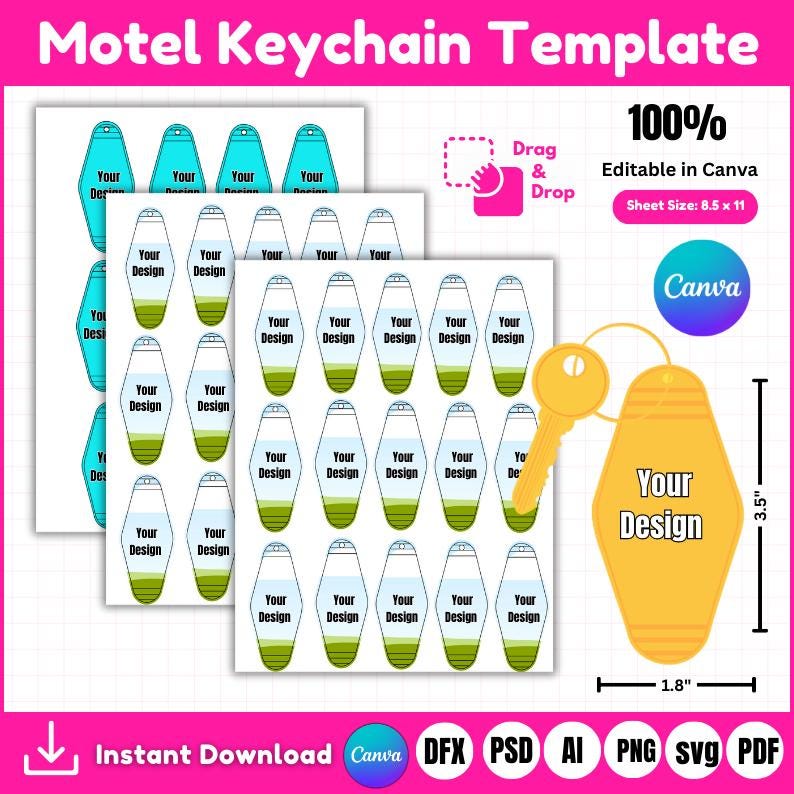 "T-shirt keychain sublimation template in SVG and PNG formats"

"Dog tag keychain design template for Cricut and Canva"

"Dog bone keychain blank template for sublimation printing"

"Square keychain cut file bundle for DIY projects"

"Heart-shaped keychain blank design in multiple formats"

"Circle and round keychain template bundle for crafting"

"Retro motel keychain SVG cut file for sublimation and Cricut"
"Bundle of 9 keychain design templates for Cricut and Silhouette"