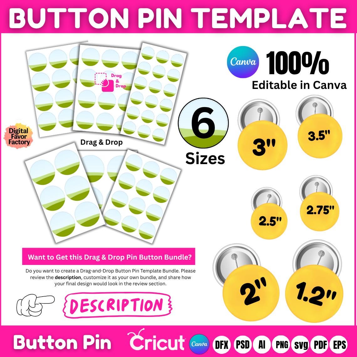 400 Button Pin Sublimation Template, Canva Button Pin Template, Button ...