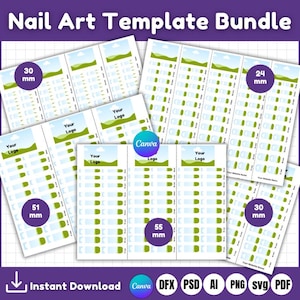 May include: A set of printable nail art templates featuring a green hill and blue sky design. The templates are available in various sizes, including 24 mm, 30 mm, and 51 mm. The templates are designed to be used with Canva and include space for a logo or website name.