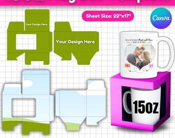 15oz Mug Box Template, Mug Holder Template, Mug Box Template with Window, Square Box, Mug Box Template Svg, DIY Mug Box, Mug Gift Box,Mockup
