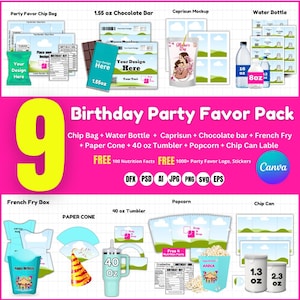 Party Favor Template Bundle, Chip Bag, Water Bottle, Tumbler (Canva Editable)