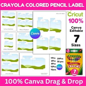 Peut inclure: Plusieurs étiquettes de crayons de couleur Crayola de différentes tailles, avec un design Cricut 100% Canva modifiable. Les étiquettes présentent un ciel bleu et un paysage vert. Comprend une boîte de crayons Crayola avec 7 tailles.