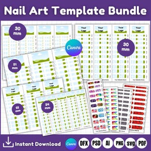 May include: A set of nail art templates in various sizes, including 30 mm, 51 mm, 55 mm, and 24 mm. The templates feature different designs, including green grass, clouds, and abstract patterns. The templates are designed for use with nail polish or other nail art supplies. The templates are available for instant download in various file formats, including Canva, DFX, PSD, AI, PNG, SVG, and PDF.