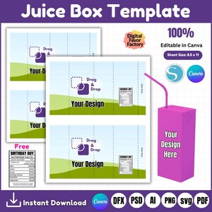 Puede incluir: Una plantilla de caja de jugo imprimible para Canva. La plantilla presenta una caja de jugo rosa con el texto "Your Design Here" y una pajita. La plantilla también incluye un elemento de diseño con el texto "Drag & Drop" y las palabras "Your Design". La plantilla mide 8,5 pulgadas por 11 pulgadas.