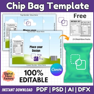 Editable Chip Bag Template, Canva Mockup, Party Favor (Digital Prints)