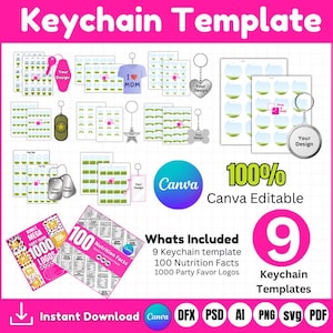 Op de afbeelding: Een roze en witte afbeelding met verschillende sleutelhanger sjablonen, waaronder sleutelhangers, hondenpenningen en hartvormen. De tekst omvat "Sleutelhanger sjabloon", "Canva Editable" en "Direct downloaden".