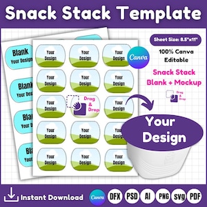 May include: A template for snack stack designs, featuring multiple sticker designs with the text "Your Design" and "Blank Your Design". The sheet size is 21.59cm x 27.94cm. Includes the text "100% Canva Editable" and "Snack Stack Blank + Mockup".