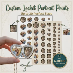 May include: A silver heart-shaped locket necklace with a photo inside, held in front of a sheet of custom portrait prints. The prints include photos of a cat and couples in various shapes and sizes. Text reads "Custom Locket Portrait Prints".