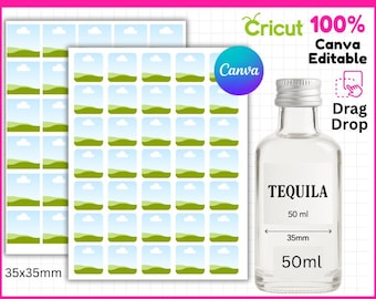 May include: A clear tequila bottle with a silver cap and a label that reads "TEQUILA". The image also shows sheets of 35x35mm labels with a landscape design, and the text "TEQUILA BOTTLE LABEL". The image includes the text "Canva Editable".
