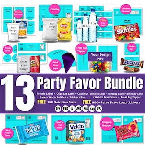 May include: A party favour bundle featuring items like chip bags, water bottles, candy, and snack wrappers. The image includes text that says "13 Party Favor Bundle" and "Your Design Here".