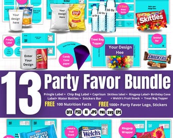 May include: A party favour bundle featuring items like chip bags, water bottles, candy, and snack wrappers. The image includes text that says "13 Party Favor Bundle" and "Your Design Here".