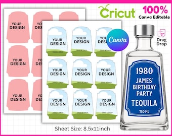 May include: A clear tequila bottle with a blue label that reads "1980 JAMES BIRTHDAY PARTY TEQUILA 750 ML." Also shown are sheets of customizable bottle labels with the text "YOUR DESIGN" and "DRAG & DROP."