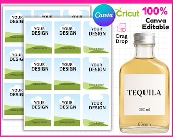 May include: A clear tequila bottle with a white label that reads "TEQUILA" and a measurement of 350 ml and 65mm. The image also shows a sheet of customizable labels with the text "YOUR DESIGN" and "DRAG & DROP".