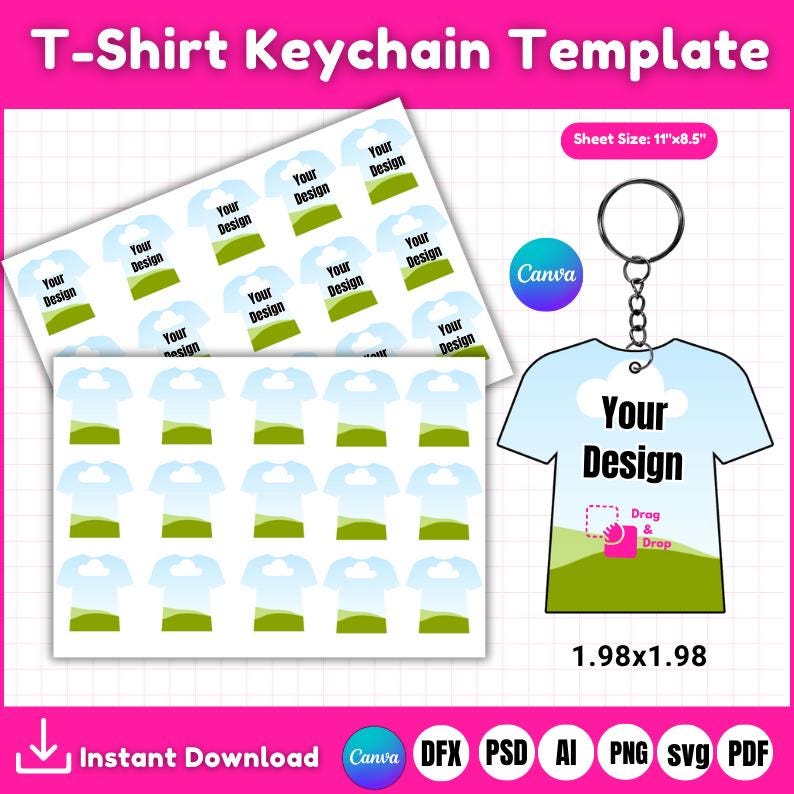 "T-shirt keychain sublimation template in SVG and PNG formats"

"Dog tag keychain design template for Cricut and Canva"

"Dog bone keychain blank template for sublimation printing"

"Square keychain cut file bundle for DIY projects"

"Heart-shaped keychain blank design in multiple formats"

"Circle and round keychain template bundle for crafting"

"Retro motel keychain SVG cut file for sublimation and Cricut"
"Bundle of 9 keychain design templates for Cricut and Silhouette"