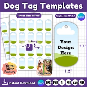 Può includere: Foglio di modelli per targhette per cani con sfondo viola. Le dimensioni del foglio sono 21,6 cm x 27,9 cm. Le dimensioni del modello sono 3 cm x 5,8 cm. Il design include una nuvola e erba con il testo "Your Design Here".