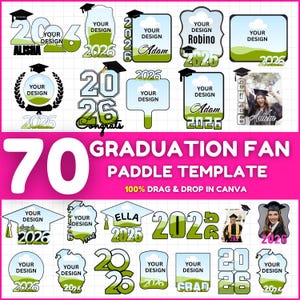 Pode incluir: Uma coleção de modelos de leques de formatura com vários designs, incluindo chapéus de formatura, o ano de 2026 e espaço para designs personalizados. O texto "70 GRADUATION FAN PADDLE TEMPLATE" é exibido de forma proeminente.