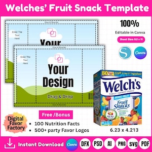 May include: A template for Welch's Fruit Snacks, featuring a design with space for customization. The design includes the text "Your Design" and "Drag & Drop". A box of Welch's Mixed Fruit Snacks is also shown. The template is 8.5 x 11 inches.