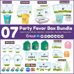 Party Favor Box Template Bundle, Gable Box template, Food Box Template, Shoe Box template, French Fries Box, Cereal Box, Canva Editable