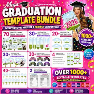 May include: A vibrant pink and yellow graduation template bundle with over 1000 editable templates. Includes fan paddles, stoles, cap templates, and more. Features the text "Class of 2026" and "Mega Graduation Template Bundle."