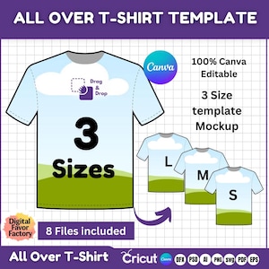 May include: A mockup of a blue and green t-shirt template with the text "Drag & Drop" and "3 Sizes". The template is available in three sizes: small, medium, and large. The image also includes the text "100% Canva Editable" and "8 Files included".