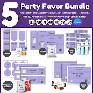 5 Party Favor Template Bundle, Chip Bag Template, Water Bottle Labels, Chocolate Bar , Pringles Template, Party Favor , SVG , Canva Editable