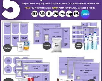 5 Party Favor Template Bundle, Chip Bag Template, Water Bottle Labels, Chocolate Bar , Pringles Template, Party Favor , SVG , Canva Editable