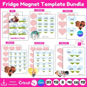 May include: A template bundle for fridge magnets, featuring various shapes and sizes. Includes heart, cloud, and circle designs, with space for custom designs. The sizes range from 1.97x1.77 inches to 4.56x2.56 inches. The text "YOUR DESIGN" is repeated throughout the templates.
