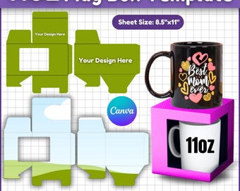 11oz Mug Box Template, Mug Holder Template, Mug Box Template with Window, Square Box, Mug Box Template Svg, DIY Mug Box, Mug Gift Box,Mockup