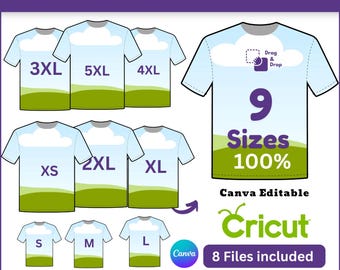 All Over T-Shirt Template 9 sizes Shirt Sublimation Blank Template Canva Editable Drag Drop T-Shirt Template SVG DIY Shirt Outline Template
