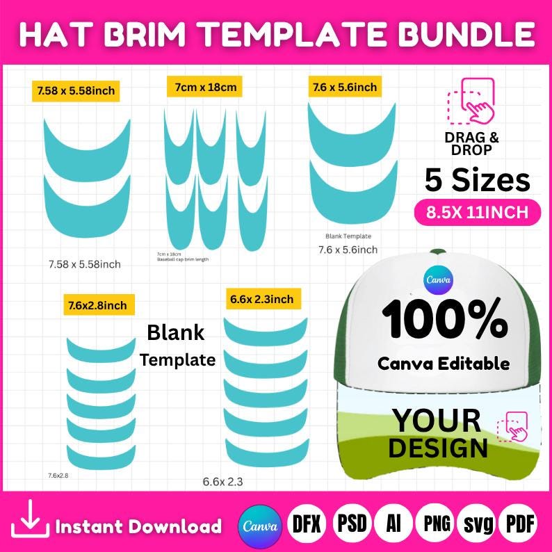 "Editable SVG trucker hat brim template in orange and gray mockup"

"Custom baseball cap brim design template shown in Canva editing panel"

"Hat brim digital cut file bundle with Cricut-compatible formats"

"Side view of trucker cap using hat brim template for sublimation"

"Baseball cap hat mockup template editable in Canva"