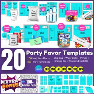 Puede incluir: Imagen promocional que muestra 20 plantillas de recuerdos para fiestas. Las plantillas incluyen diseños para bolsas de patatas fritas, botellas de agua, etiquetas Pringle y envoltorios de caramelos. La imagen presenta el texto "Party Favor Templates" y "Your Design Here".