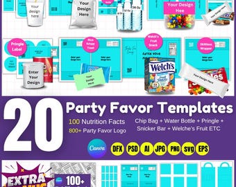 20+ Party favor Templates, Party Favor Logos, Chip Bag label, Chocolate Wrapper Template, Water Bottle labels, Fruit Snack, Canva Editable