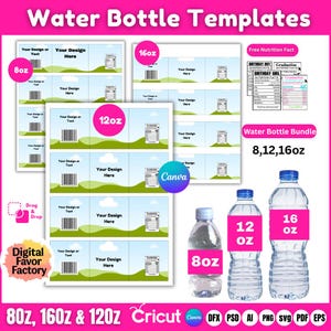 Water Bottle Template, Water Bottle label, Blank Water Bottle Template, Party Favor, Party Favor Logos, Water bottle Mockups, Canva Mockup