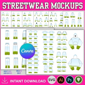 May include: A digital mockup sheet showcasing streetwear designs. The sheet includes hoodies, t-shirts, and trousers, in a light blue and green colour scheme. The text "STREETWEAR MOCKUPS" is at the top. The Canva logo is visible.
