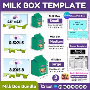 Milk Box Template Bundle Milk Carton Box Template, Gift Box Blank Template, Milk Box Favor Box, Party Favor Box Template,  DIY Box template