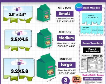 Milk Box Template Bundle Milk Carton Box Template, Gift Box Blank Template, Milk Box Favor Box, Party Favor Box Template,  DIY Box template