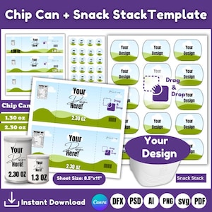 May include: Printable template for chip can and snack stack labels. The template includes two sizes of chip can labels, 1.30 oz and 2.30 oz, and a snack stack label. The labels are designed with a green and blue colour scheme and feature a grassy hill and clouds. The template is 8.5 inches by 11 inches and includes the text "Your Design Here!" and "Drag & Drop Your Design".