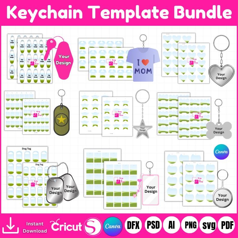 "T-shirt keychain sublimation template in SVG and PNG formats"

"Dog tag keychain design template for Cricut and Canva"

"Dog bone keychain blank template for sublimation printing"

"Square keychain cut file bundle for DIY projects"

"Heart-shaped keychain blank design in multiple formats"

"Circle and round keychain template bundle for crafting"

"Retro motel keychain SVG cut file for sublimation and Cricut"
"Bundle of 9 keychain design templates for Cricut and Silhouette"