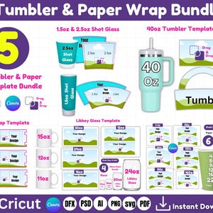 Könnte beinhalten: Ein digitales Design-Paket zum Erstellen von Bechern und Papierverpackungen. Das Paket enthält fünf verschiedene Vorlagen für 40oz-Becher, 1,5oz und 2,5oz-Schnapsgläser, Tassen und Libbey-Gläser. Die Vorlagen sind für die Verwendung mit Cricut Design Space und Canva konzipiert. Das Paket enthält außerdem ein Papierbecher-Paket mit sechs verschiedenen Größen.