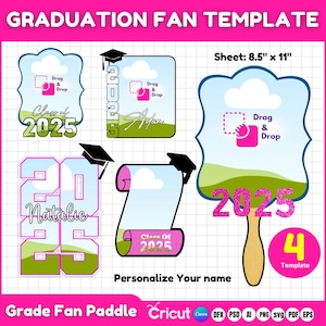 Può includere: Un modello di ventaglio di laurea con vari disegni. I disegni includono un ventaglio, una pergamena e ritagli di numeri, tutti con il testo "Class of 2025" e "Personalize Your Name". Le dimensioni del foglio sono 21,6 cm x 27,9 cm.