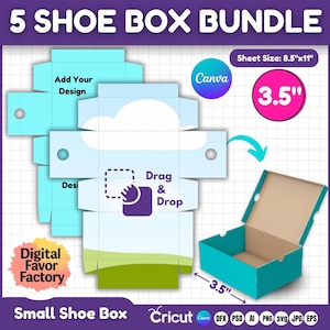 May include: A printable template for a small shoe box, measuring 3.5 inches wide and 3.5 inches tall. The template is designed to be used with Cricut and Canva software. The template features a blue and green color scheme with a cloud and grass design. The template includes instructions for dragging and dropping design elements.