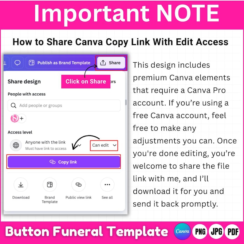 May include: A graphic with the text "Important NOTE" and instructions on sharing a Canva copy link. The image includes screenshots of the Canva interface, with highlighted steps and a description of the process. The bottom of the image says "Button Funeral Template".