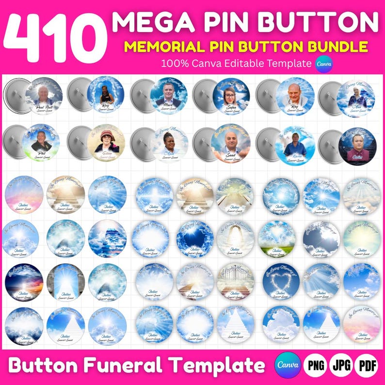 Editable Memorial Pin Button Template in Canva – 2.25 Inch Round Design with Photo Placeholder

In Loving Memory Funeral Button Favor Template – Customizable Text and Photo Layout

Printable RIP Pin Button Template for Funeral or Celebration of Life – Floral Background

Elegant Black and Gold Memorial Button Design – Canva Template for Pro or Free Users

Editable Circle Badge Design – Canva Funeral Pin Button with Space for Name and Dates