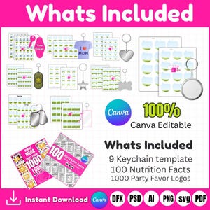 Puede incluir: Gráfico con el texto "Whats Included" y plantillas para llaveros, información nutricional y logotipos de recuerdos de fiesta. También incluye el texto "100% Canva Editable" y "Instant Download".