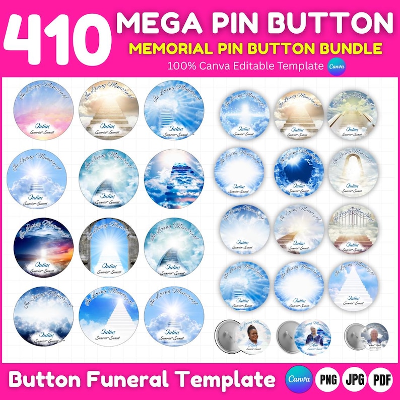 Editable Memorial Pin Button Template in Canva – 2.25 Inch Round Design with Photo Placeholder

In Loving Memory Funeral Button Favor Template – Customizable Text and Photo Layout

Printable RIP Pin Button Template for Funeral or Celebration of Life – Floral Background

Elegant Black and Gold Memorial Button Design – Canva Template for Pro or Free Users

Editable Circle Badge Design – Canva Funeral Pin Button with Space for Name and Dates